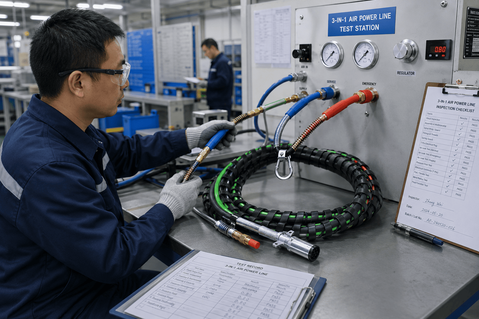 A technician performing air tightness test on a 3-in-1 air power line in a factory
