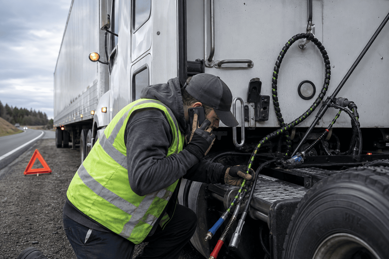 A truck stopped on the side of the road with hazard lights due to a trailer air line failure