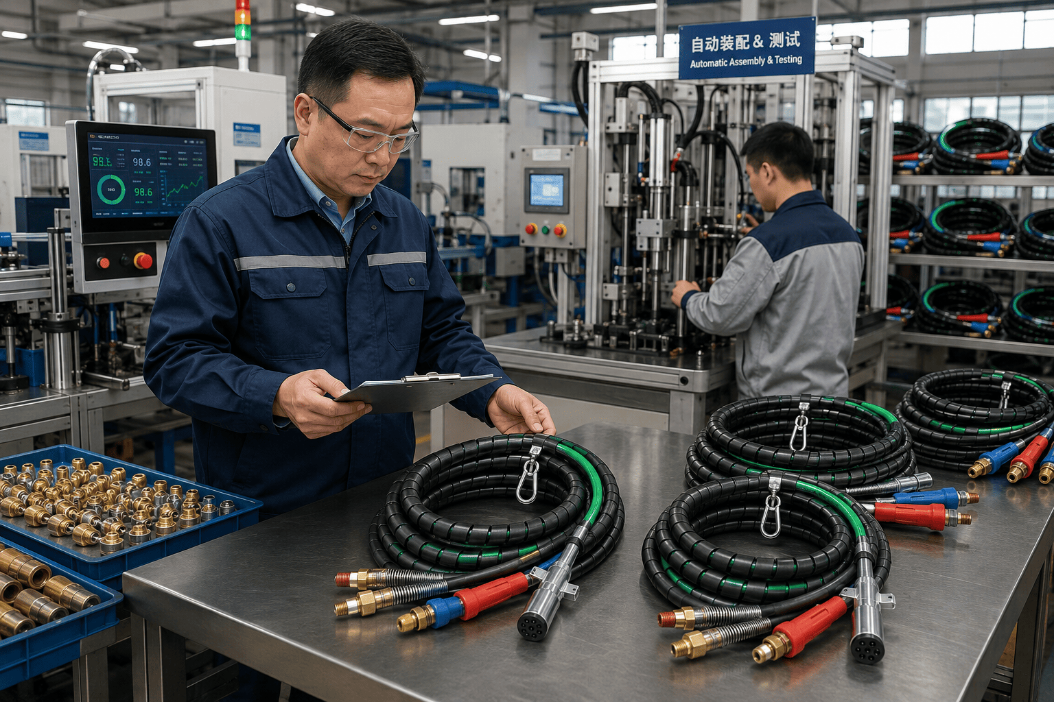 Inside a modern factory with automated assembly line for 3-in-1 air power lines